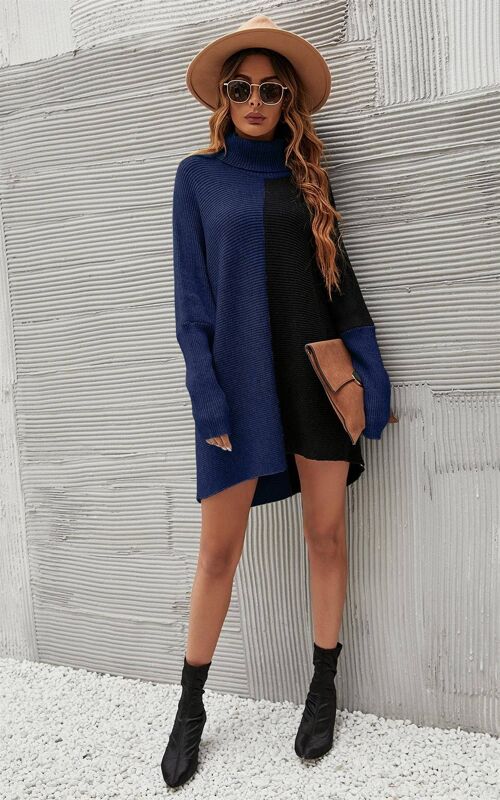 High Neck Half Forest Navy & Black Block Colour Jumper Top