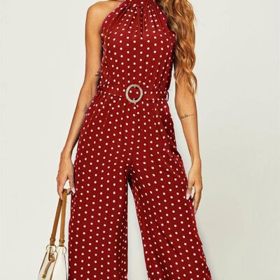 High neck jumpsuit in red polka dot