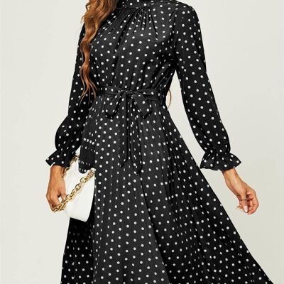 High Neck Long Sleeve Frill Detail Pleated Skirt Midi Dress In Black Polka Dot
