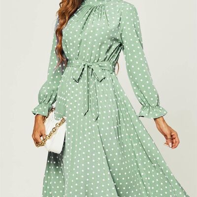 High Neck Long Sleeve Frill Detail Pleated Skirt Midi Dress In Green & White Polka Dot
