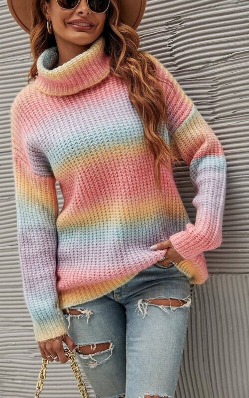 High Neck Rainbow Jumper Top In Pink Blue Yellow Peach Mix