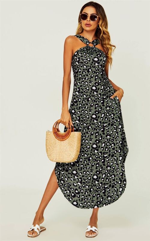 Leg Slip Halter Neck Curve Hem Midi Dress In Olive Green Leopard Print