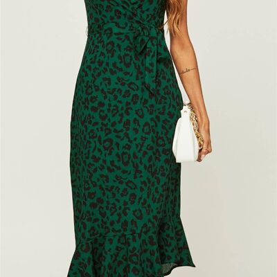 Leopard Print Asymmetric Hem Frill Detail Midi Dress In Green