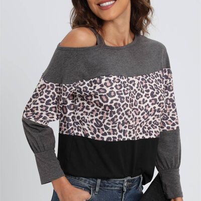 Leopard Print Cold Shoulder Gray Color Block Relaxed Top In Black