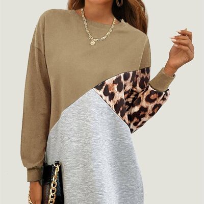 Leopard Print Relaxed Color Block Top Dress In Beige & Grey