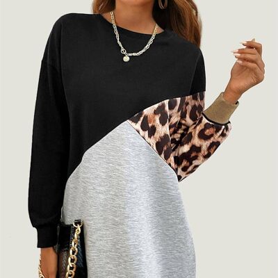Leopard Print Relaxed Color Block Top Dress In Black & Grey