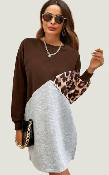 Robe décontractée à imprimé léopard et blocs de couleurs marron et gris 1