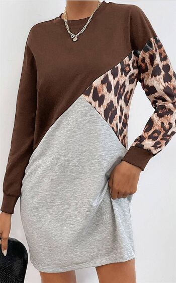 Robe décontractée à imprimé léopard et blocs de couleurs marron et gris 2