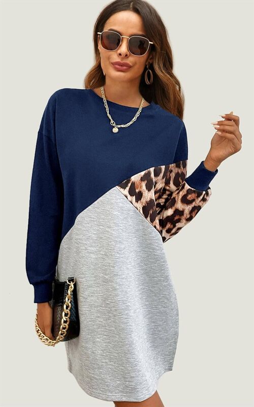 Leopard Print Relaxed Colour Block Top Dress In Navy & Grey