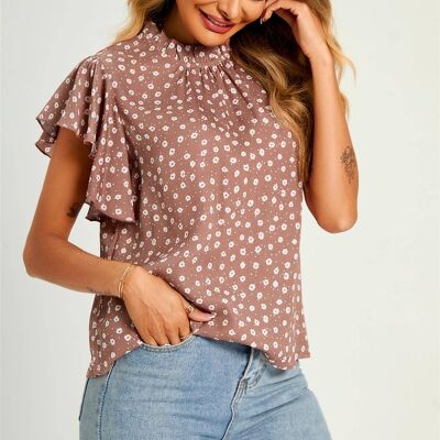 Little Flora Print Frill Angle Sleeve High Neck Top/Blouse In Brown