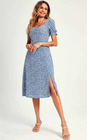 Little Flora Print Tie Front Slip Leg Dress - Bleu 3