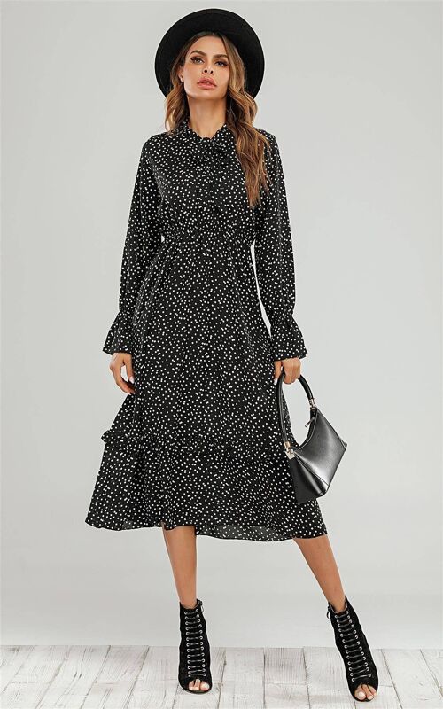 Long Sleeve Frill Detail Tiered Midi Dress In Black & White Dot