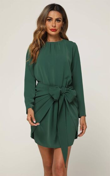 Mini-robe à manches longues et nœud sur le devant en vert 1