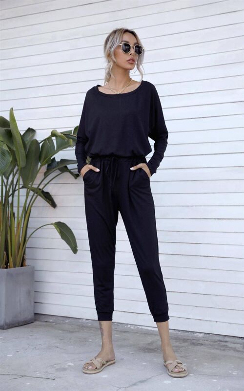 Long Sleeve Loungewear Jumpsuit In Black