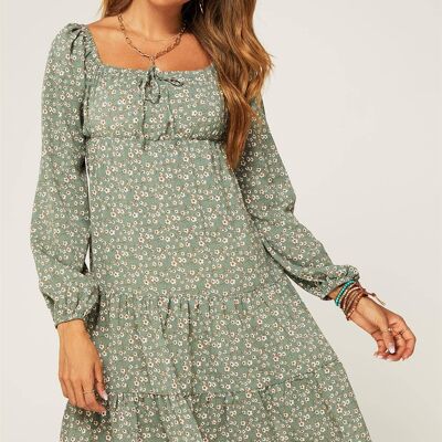 Long Sleeve Floral Mini Summer Dress In Green