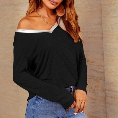 Long Sleeves Silver Trim Simple Style T Shirt Top In Black