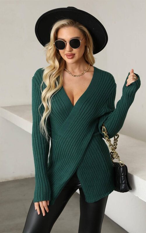 Long Sleeves V Neck Wrap Style Jumper Top In Forest Green