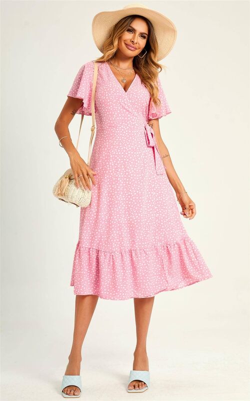 Lovely Heart Print Hem Tiered Wrap Midi Dress In Pink