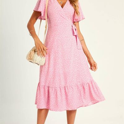 Precioso vestido midi cruzado a capas con bajo estampado de corazones en rosa
