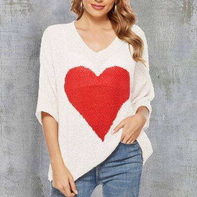 Lovely Red Heart Knit Top In White