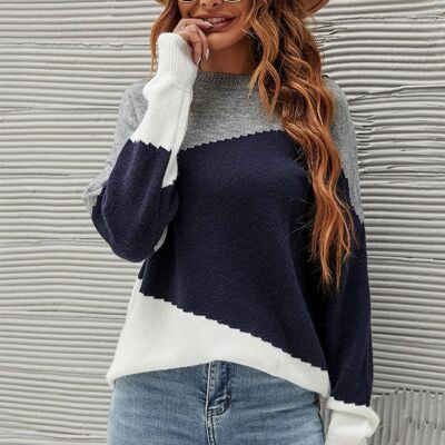 Navy & White Block Colour Jumper Top In Grey