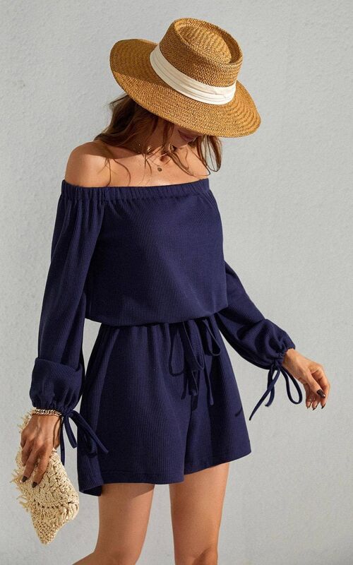 Off Shoulder Long Sleeves Playsuit In Navy