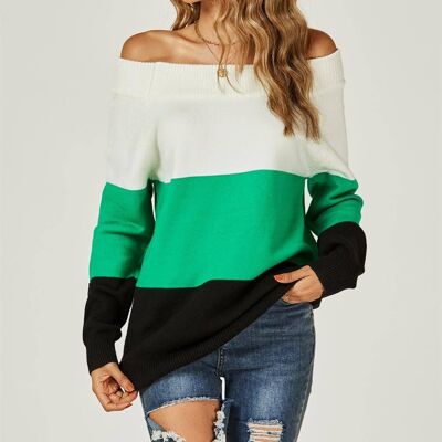 Off The Shoulder Block Color Relaxed Jumper Top In Green & White & Black