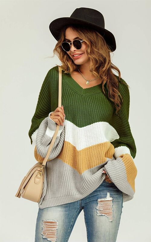 Olive Green & Grey Colour Block Jumper White & Golden Striped Long Sleeve Top