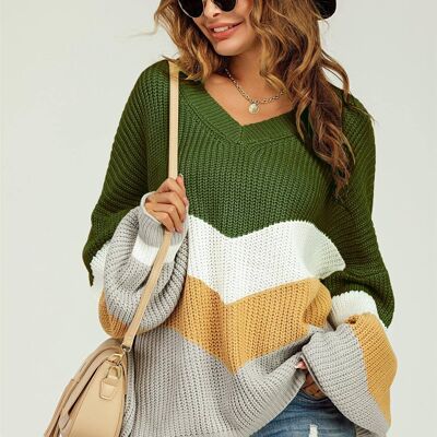 Olive Green & Gray Color Block Jumper White & Golden Striped Long Sleeve Top