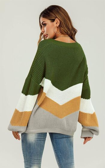 Pull color block vert olive et gris Top à manches longues à rayures blanches et dorées 2