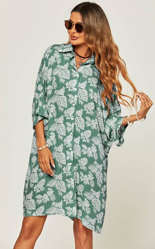 Oversized Mini Shirt Dress In Green Flora Leaf Print