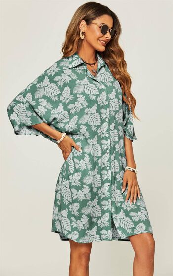 Mini robe chemise oversize à imprimé feuille de flore verte 2