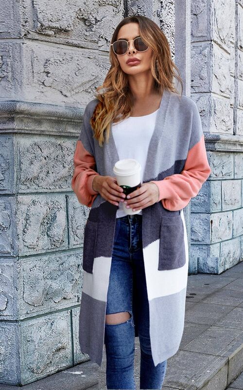 Peach Sleeve & Grey & White Colour Block Midi Cardigan