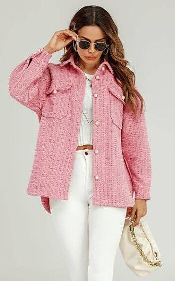 Veste chemise oversize à carreaux et boutons nacrés - Rose 2