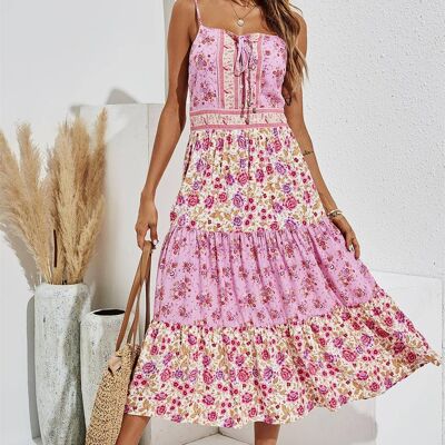 Pink & Purple Floral Button Front Strappy Midi Dress In Pink & Cream