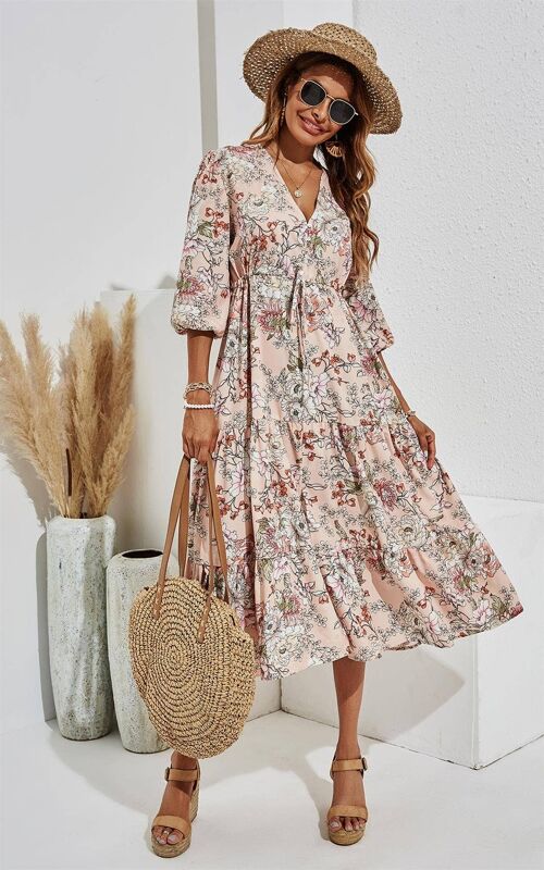 Pink & White Flora Print Tiered Long Sleeve Dress In Beige