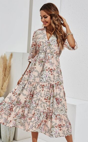 Robe à manches longues à imprimé floral rose et blanc beige 3