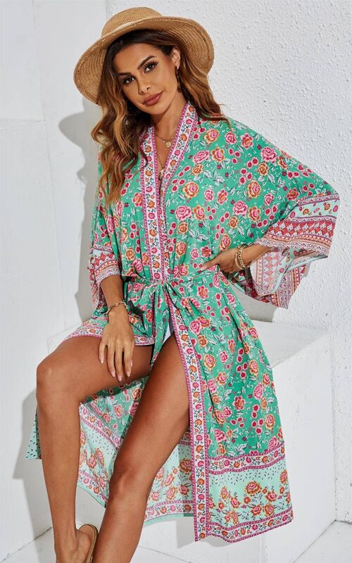 Pink Rose Relaxed Cotton Kimono In Green