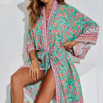 Kimono Relajado De Algodón Rosa Rosa En Verde