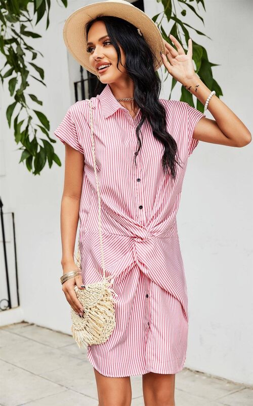 Pink Stripe Print Knot Shirt Dress In White