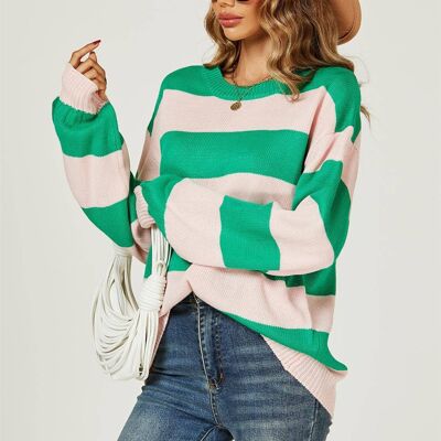 Pink Stripe Relaxed Knit Jumper Top In Green