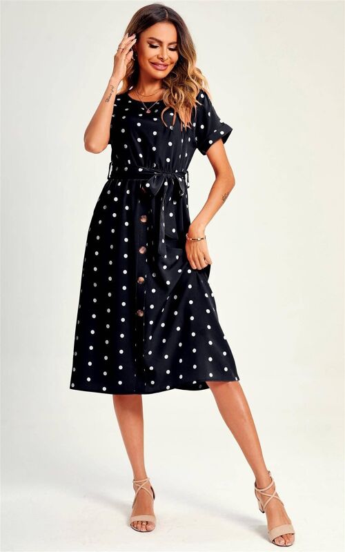 Polka Dot Button Detail Midi Dress In Black