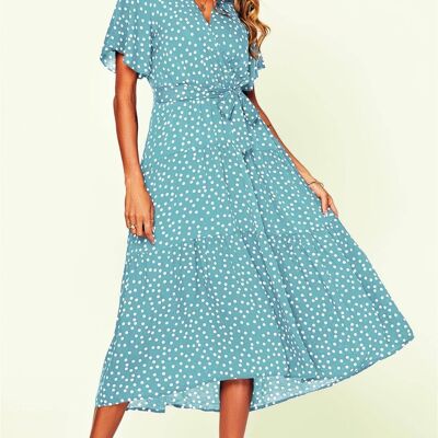 Polka Dot Hem Tiered Wrap Dress In Blue