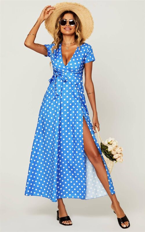Polka Dot Print High Waist Wrap Dress In Royal Blue