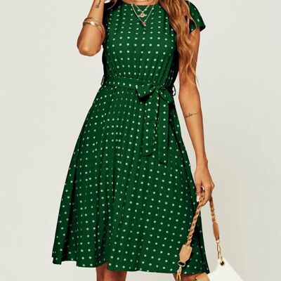 Robe mi-longue plissée sans manches à pois en vert