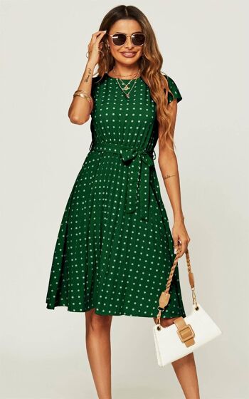 Robe mi-longue plissée sans manches à pois en vert 1