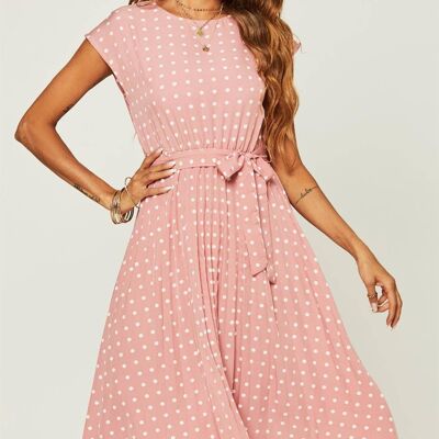 Polka Dot Sleeveless Pleated Midi Dress In Pink