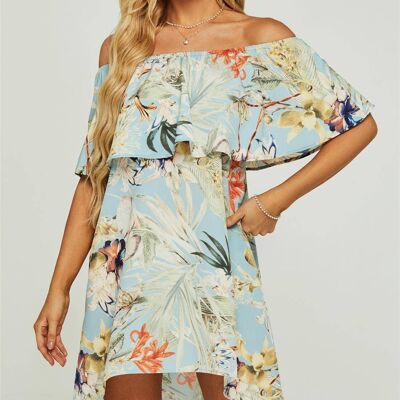 Jolie mini-robe Bardot à volants et épaules dénudées à imprimé floral en bleu