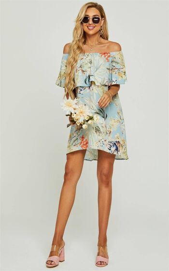 Jolie mini-robe Bardot à volants et épaules dénudées à imprimé floral en bleu 4
