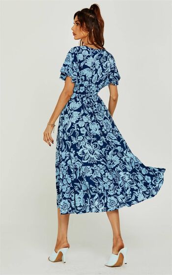 Jolie robe mi-longue portefeuille à imprimé floral en bleu 4